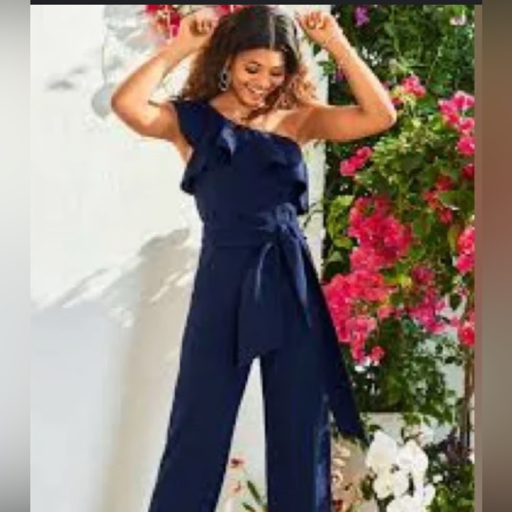 NWOT Lilly Pulitzer Lyra Navy Ruffle One-Shoulder Jumpsuit